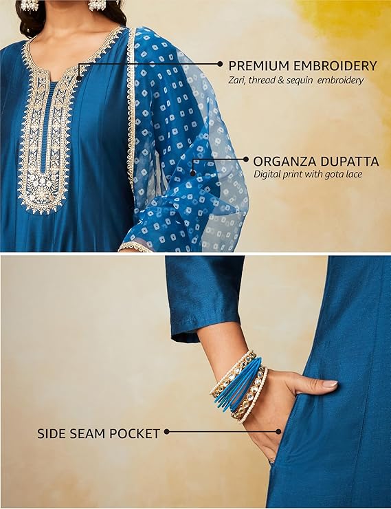 Anarkali Kurta Pant Set with Organza Teal Blue - Image 3