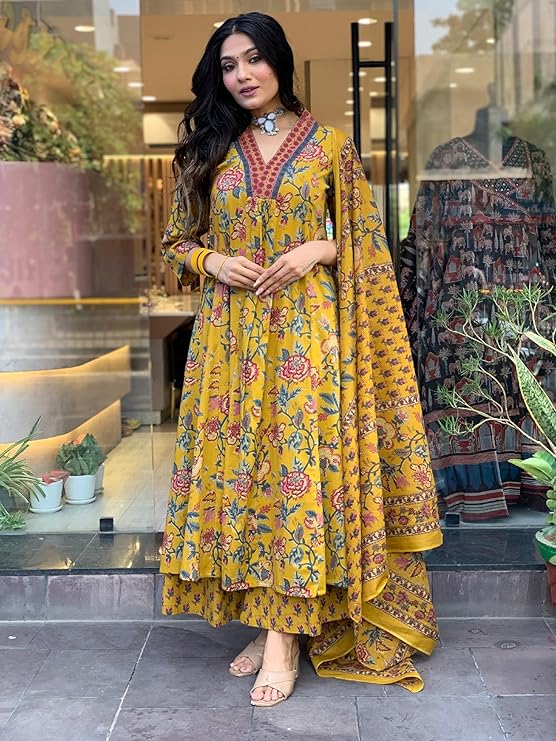 Yellow Block Printed Kurta Set with Palazzo Pants & Dupatta - Image 4