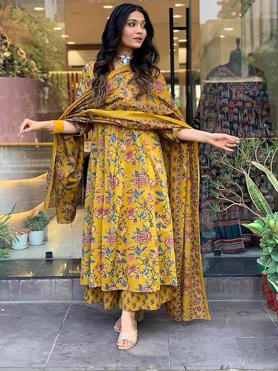 Yellow Block Printed Kurta Set with Palazzo Pants & Dupatta - Image 2