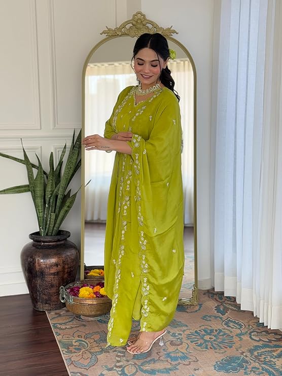 Lemon Chinon Embroidered Flared Kurta with Pant and Dupatta - Image 4