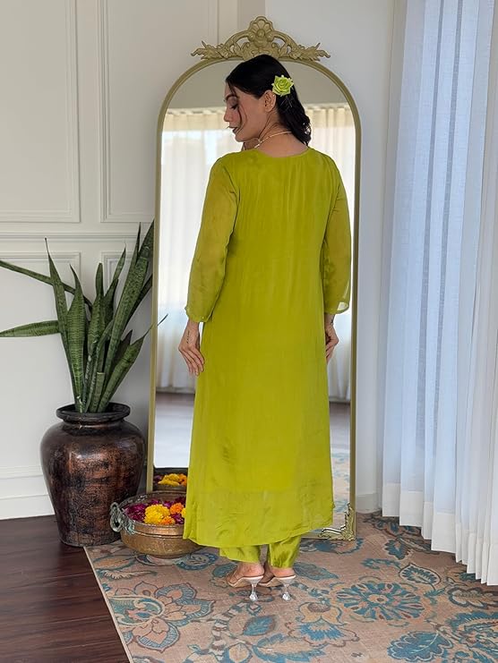 Lemon Chinon Embroidered Flared Kurta with Pant and Dupatta - Image 3