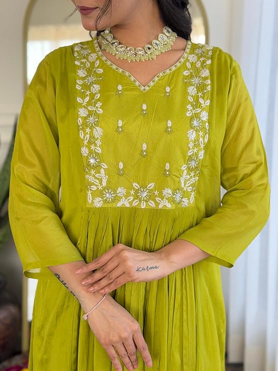 Lemon Chinon Embroidered Flared Kurta with Pant and Dupatta - Image 2