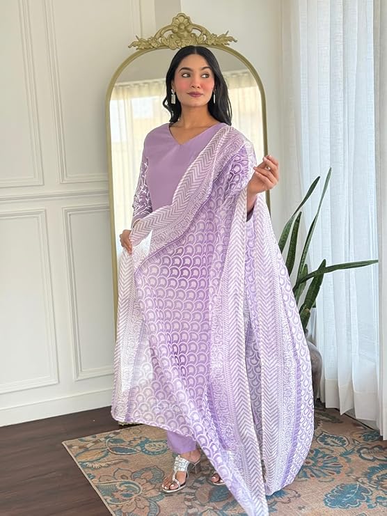 Lilac Embroidered Straight Kurta with Pant and Dupatta Set - Image 3