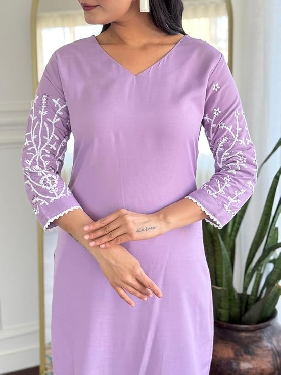 Lilac Embroidered Straight Kurta with Pant and Dupatta Set - Image 2