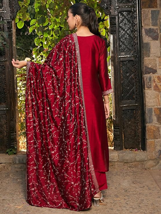 Maroon Embroidered Straight Kurta Trousers With Dupatta set - Image 4