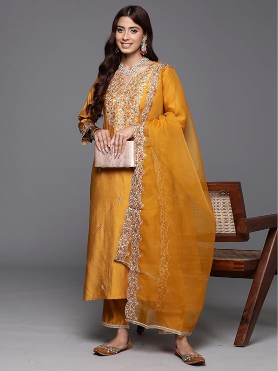 Mustard Embroidered Straight Kurta Trouser With Dupatta Set - Image 2