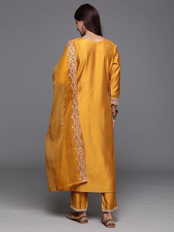 Mustard Embroidered Straight Kurta Trouser With Dupatta Set - Image 3