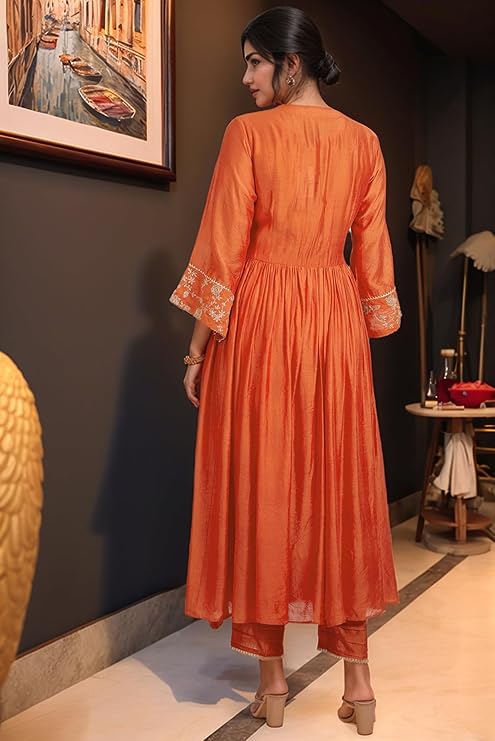 Orange Anarkali Kurta with Pant & Dupatta - Image 3
