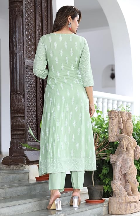 Pista Green A-Line Kurti Middle Cut Kurti - Image 3