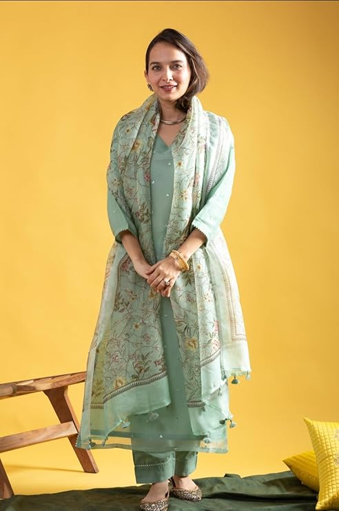 Pista Green Embroidered Kurta Set with Floral Organza Dupatta, Traditional Indian Ethnic Wear - Image 3