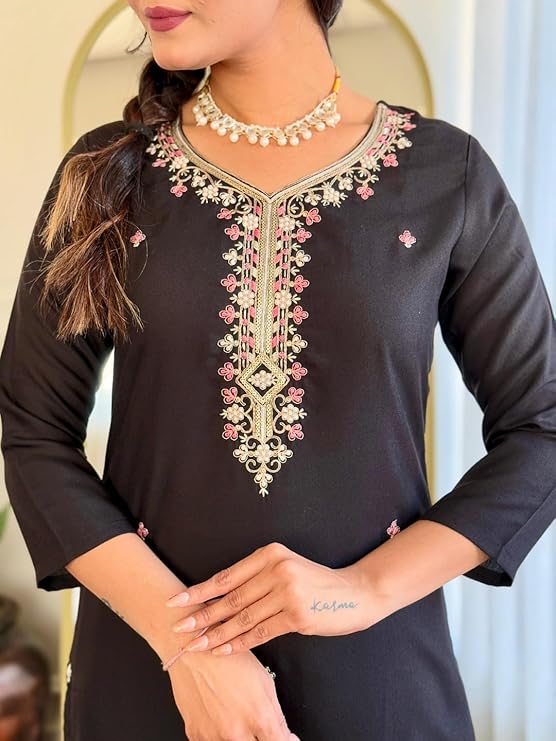 black Rayon Embroidered Straight Kurta with Pant and Dupatta - Image 4