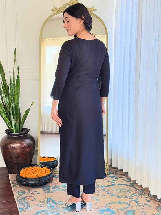 black Rayon Embroidered Straight Kurta with Pant and Dupatta - Image 3