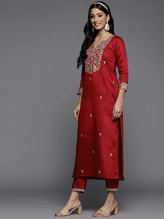 Red Straight Kurta set - Image 2