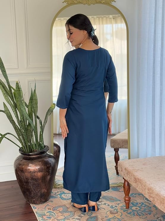 Blue Straight Kurta with Rayon Pant and Dupatta Set - Image 2