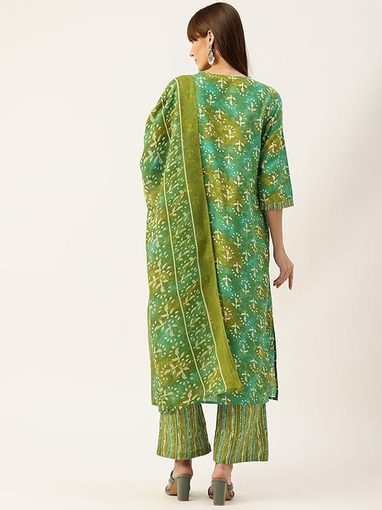 V-Neck 3-Piece Kurta Set with Ankle-Length Pants & Full-Length Dupatta - Image 2