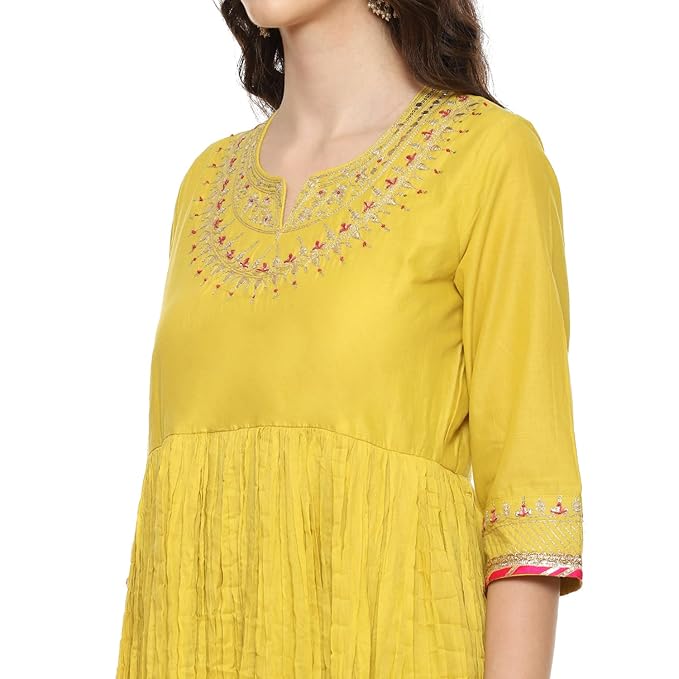 Women Cotton Anarkali Solid Suit yellow - Image 3