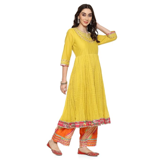 Women Cotton Anarkali Solid Suit yellow - Image 2