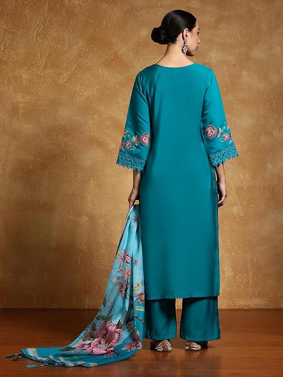 Women Floral Heavy Thread Embroidered Schffili Hem Kurta With Trouser & Dupatta - Image 2