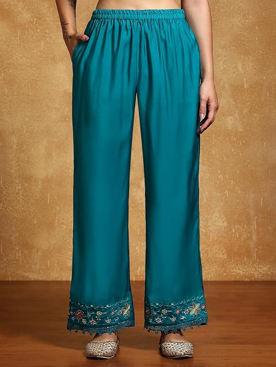 Women Floral Heavy Thread Embroidered Schffili Hem Kurta With Trouser & Dupatta - Image 4