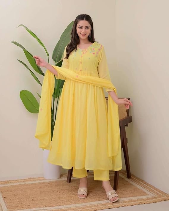 Women's Cotton Embroidered Anarkali Kurti with Pant and Dupatta Set - Image 2