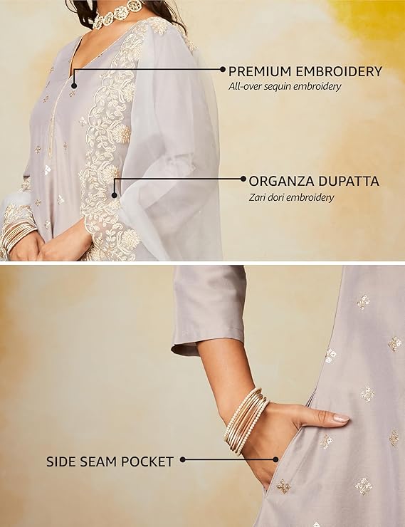 grey Women's Kurta Pant Set with Embroidered Organza Dupatta - Image 2