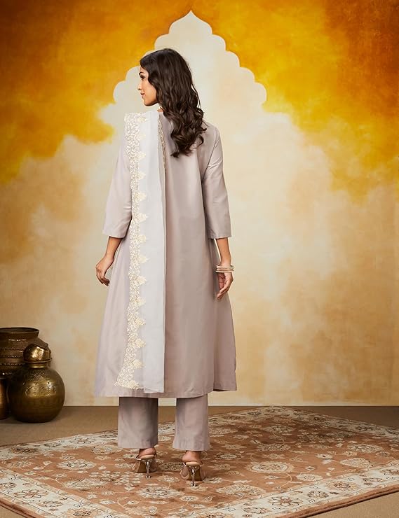 grey Women's Kurta Pant Set with Embroidered Organza Dupatta - Image 3
