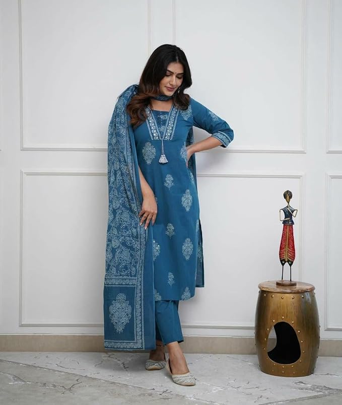 Cotton Printed with Handwork Kurta with Pants and Dupatta Set - Image 4