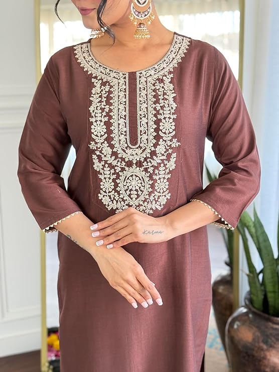 Brown Kurta and Pant Set with Dupatta - Image 3